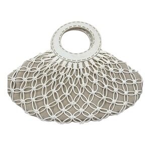 Monsac White Macrame Linen Handbag Boho Leather Handle Bag